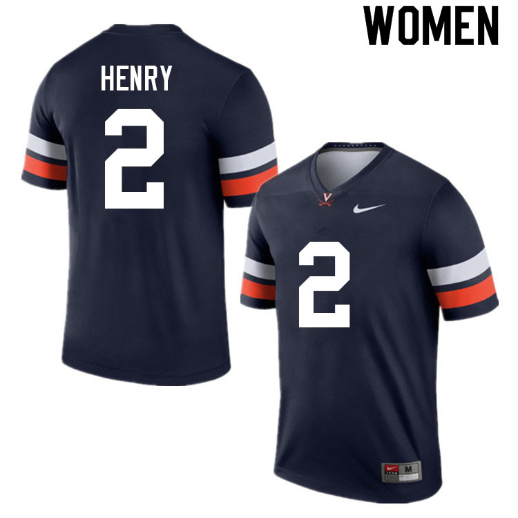 Women #2 Ra'Shaun Henry Virginia Cavaliers College Football Jerseys Sale-Navy